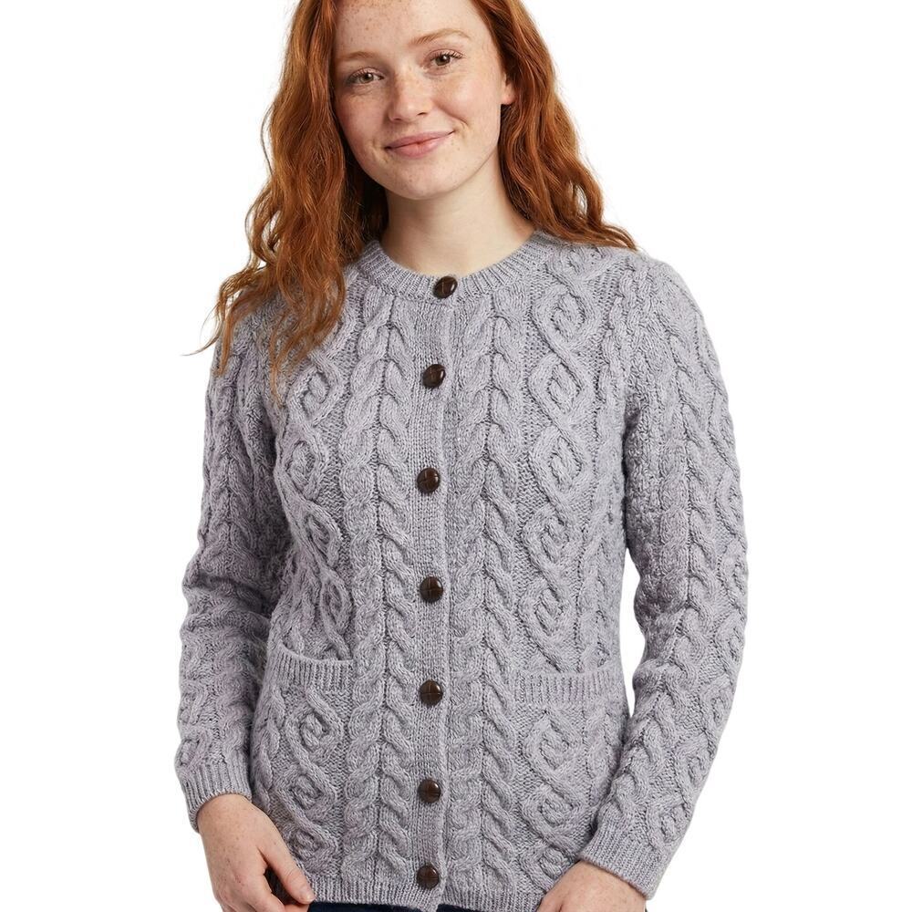 Kilronan Knitwear Ireland Merino Wool Cable Knit Cardigan Lavender Gray XS NWT